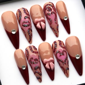 3D Bow Press On Nails | Valentine&#39;s Day Long Stiletto Fake Nails | Glossy Plum French Tips Fake Nails | Reusable Trendy Nails V229