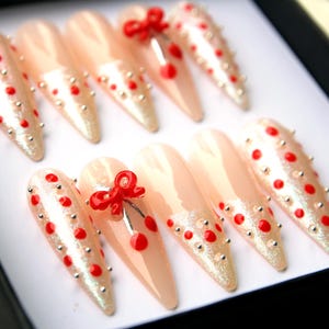 Cherry Pearl Press On Nails: Red Bow Stiletto False Nail Set