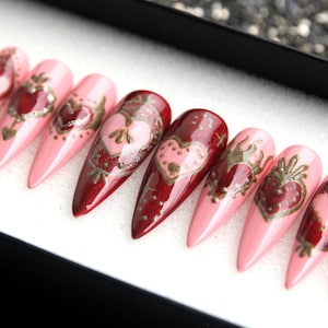 Valentine Sweet Berry Heart Press On Nails - Handmade Stiletto Glue On Fake Nails - Kawaii Nails V152