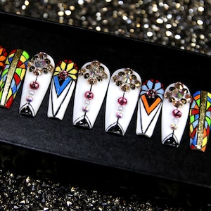 Kaleidoscope Hand-painted Press On Nails | Y2K Tripping Glue On Long Nails | 3D Fake Nails With Crystal V55