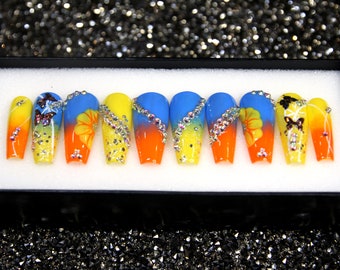 Sunset Kiss Glue On Nails | Ombre Summer Press On Nails | Festive Coffin Nails | Long Nails With Crystal V60