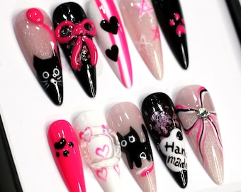 Uñas postizas de gato para Halloween hechas a mano: uñas postizas de aguja Y2K V213