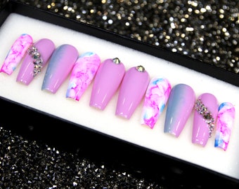 Blushy Purple Glue On Nails | Kawaii Stiletto Nails | Minimal Nails With Crystal | Fake Nails With Crystal V56
