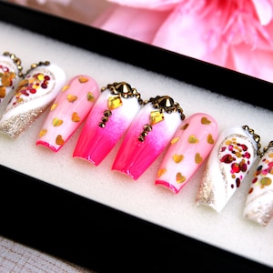 Sweetheart Press On Nails | Neon Gel X False Nails | Salon Bridal Fake Nails | 3D Glue On Nails  | Pink Long Nails Set V110