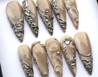 Witchcraft Glamour Press On Nails - Goth Gothic Style Silver Reusable Fake Nail V331