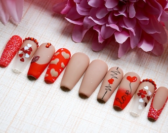 Matte-ly In Love Press On Nails | Valentine Hand Painted Nails | Red Latte Glue On Nails | Coffin Red Nails VL10