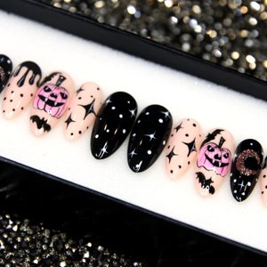 Starry Halloween Press On Nails | Goth Glue On Nails | Coffin Nails Luxury | Gel X Fake Nails | Oval Short Nails V82