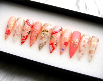 Holographic Garden Press On Nails – Orange Pastel Y2K Stiletto Nails, 3D Spring Kawaii Nail Art V178