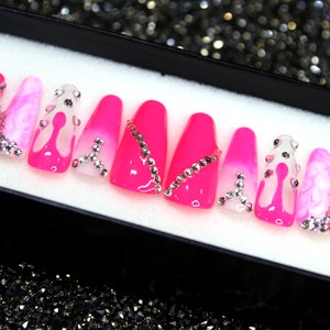 Pink Tempation Neon Fake Nails | Coffin Luxury Nails | Glitter Nails | Fake Nails With Crystal V41