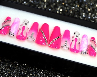 Pink Neon Coffin Press On Nails: Luxury Glitter Crystal Fake Nails