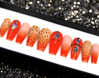 Tequila Sunrise Glitter Press On Nails: Orange Coffin Nail Set