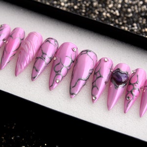 Handmade Purple Coffin Press On Nails: Rhinestone Accent False Nails