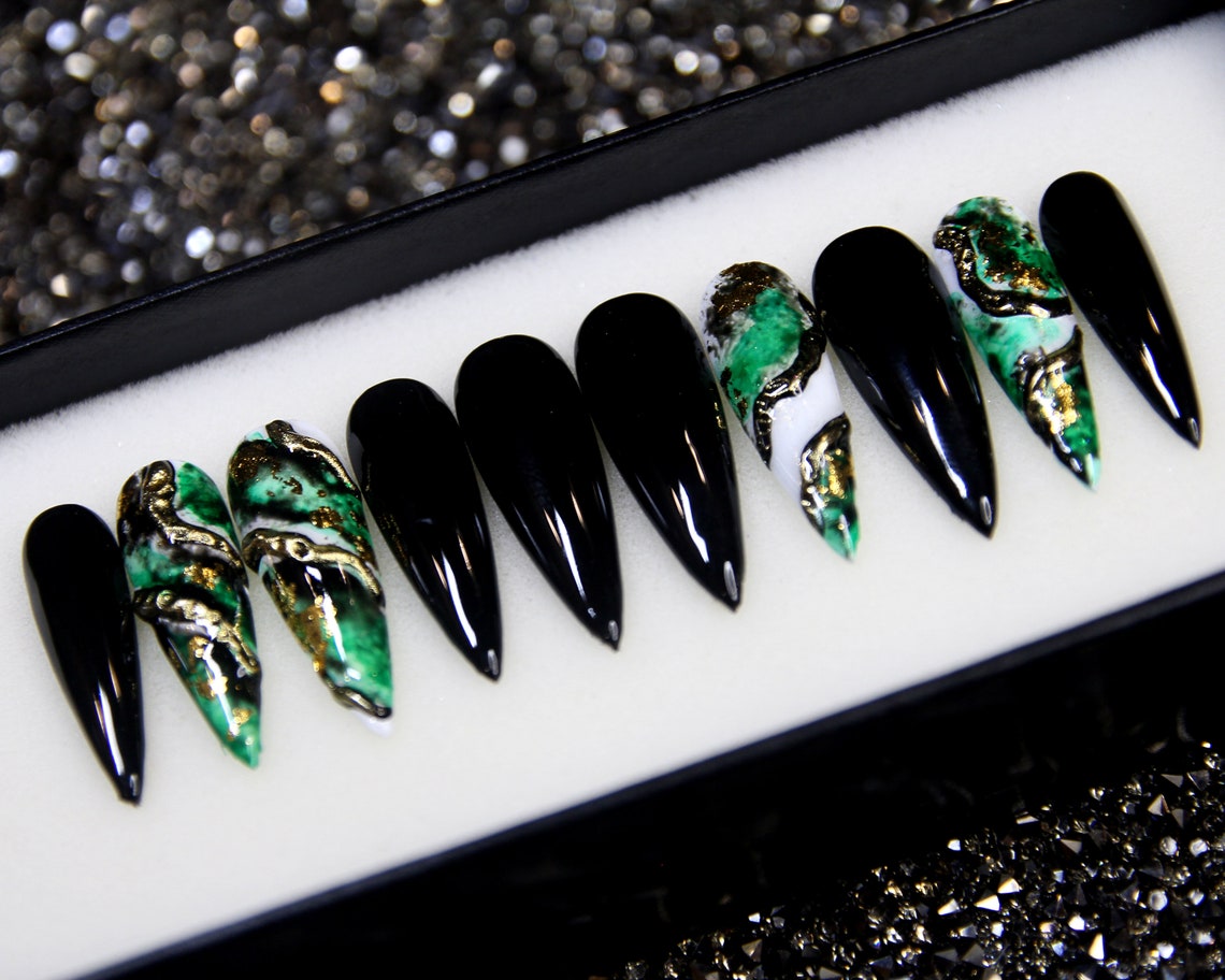 Maleficent Black Fake Nails With Crystal Glue on Nails - Etsy