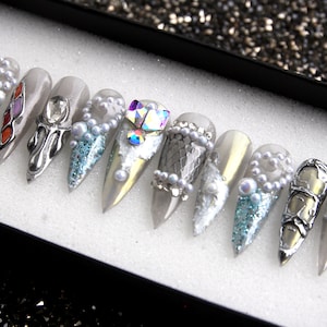 The Ice Princess Y2K Press On Nails - Handmade Stiletto Goth Nails - Metalic Aura Nails V149