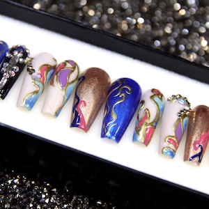 Abstract Y2K Long Coffin Goth Nails | Glue On Nails | 3D Fake Nails | Glitter Nails | Luxury Fake Nails With Crystal V23