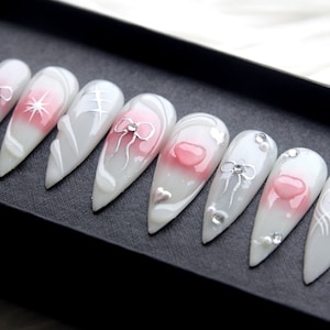 Handmade Coquette Press On Nails: Y2K Floral Stiletto False Nails