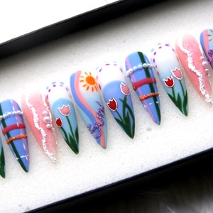 Sunny Blooming Press On Nails | Japanese 3D Flowers Gel Baby Blue Ombre Nails | Elegant Fake Nails | Stiletto Y2K Nails V180