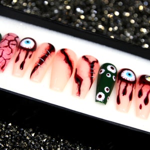Bleeding Eyes Halloween Press On Nails | Scary Glue On Nails | Coffin Nails Luxury | Gel X Fake Nails | Glitter Short Nails V89