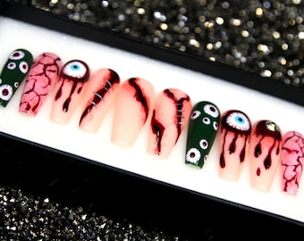 Bleeding Eyes Press On Nails: Halloween Coffin Glitter Gel X Nails