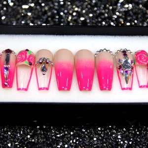 Pure Seduction Glue On Nails | Glitter 3D Pink Nails | Ombre Nails With Crystal | Pink Long Press On Nails Coffin V35