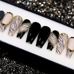 Goth Coffin Press On Nails: Black, Zebra, Glitter, Gold Accent