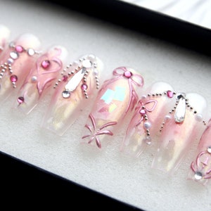 Cocodream Inspo - Pink Aurora and Pearly Press On Nails | Holographic Long Nails | Elegant Stiletto 3D Nails Set | Y2K Fake Nails V171