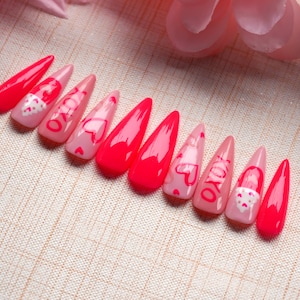 Neon Kiss Press On Nails | Hot Pink Valentine Nails Glue On Nails | Long Neon Fake Nails | Love Nails | Fun Nails VL02
