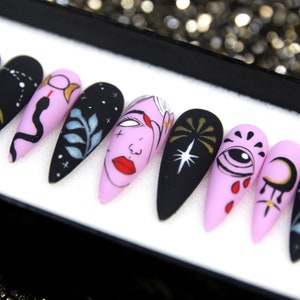 Mystische Nacht Drücken Sie auf die Nägel | Blumen Kleber auf den Nägeln | Glitzer Kurze Nägel | Coffin Nails Luxus | Luxus Stiletto Nagel Set | V102