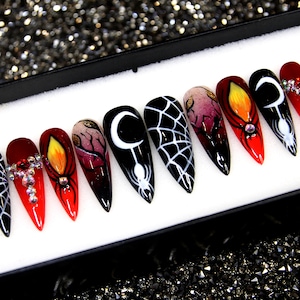 Mystic Fire Press On Nails | Hand Painted Goth Nails | Long Stiletto Nails | Festive Nails | Fun Nails | Luxury Nails V63