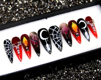 Hand Painted Goth Press On Nails: Mystic Fire Long Stiletto