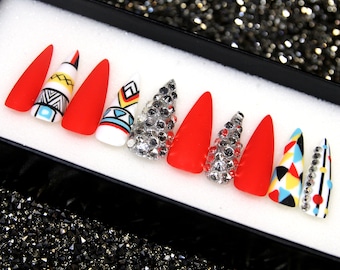 Hot Red Nature Press On Nails | Beige Luxury Glue On Nails | Salon Bridal Fake Nails | Glossy Gel X False Nails V79