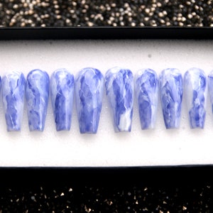 Royal Blue Press On Nails Marble Glue on Coffin Nails V131 image 2