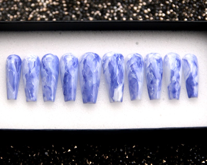 Royal Blue Press On Nails Marble Glue on Coffin Nails V131 image 2