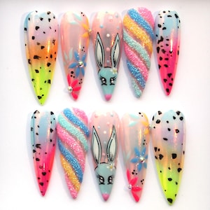 Easter Press On Nails: Rainbow Chrome Stiletto, 3D Aurora Bunny