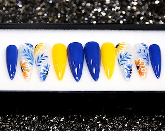 Summer Breeze Kawaii Y2K Press on Nails | Blue Glue on Nails | Yellow Stiletto Fake Nails | Glitter Nails V45