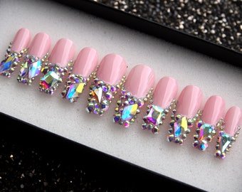 The Pink Diamond Press On Nails - Uñas postizas de ataúd hechas a mano V142