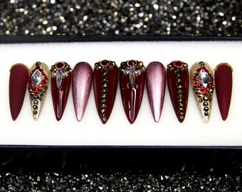 Crimson Diamond Press On Nails | 3D Goth Nails | Salon Hand Painted Fake Nails | Glossy Gel X False Nails V65