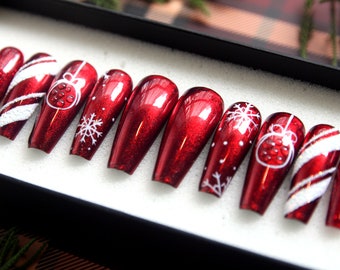 Glossy Christmas Press On Nails | Long Coffin Nail Set | Gel X Fake Nails | Abstract False Nails | Red Glue On Nails V91