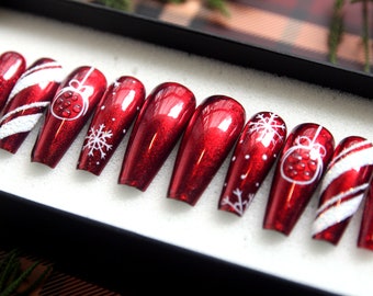 Glossy Red Christmas Press On Nails: Long Coffin Nail Set