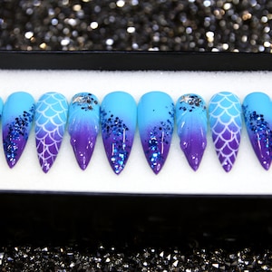 Aqua Kiss Glue On Nails | Blue Ombre Press on Nails | Ocean Inspiration Fake Nails | Purple Blue Stiletto Nails V39