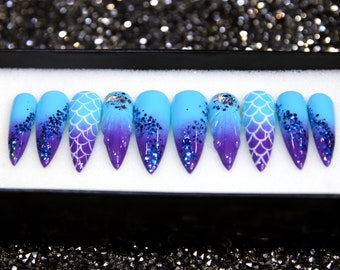Blue Ombre Press On Nails: Aqua Kiss Stiletto Fake Nails