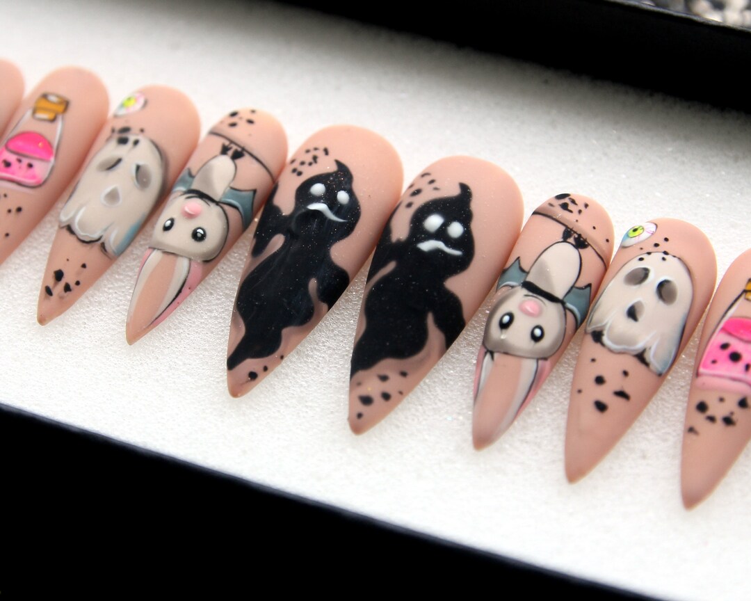 3D Ghost Handpainted Fake Nails Press on Nails Halloween Glue on Nails