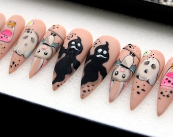 3D Ghost Hand-Painted Press On Nails: Halloween Festival Long Nails