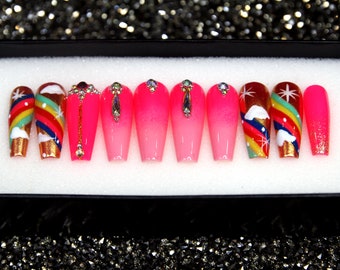 Candy Rainbow Stiletto Press On Nails: Ombre Pink False Nail Set