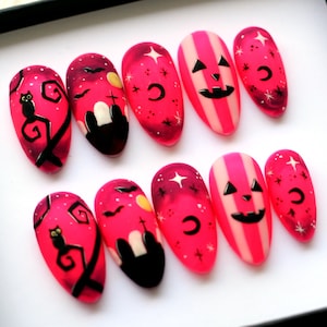 Super Pink Halloween Press On Nails | Neon Style Fake Nails | Trendy Festive False Nails | Y2K Festival Glue On Nails | 3D Long Nails V205