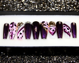 Mystic Purple Glue On Nails | Goth Gothic Stiletto Nails | Party Long Nails With Crystal | Fake Nails With Crystal V58