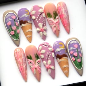 Hand-Painted Floral Press On Nails: Spring Garden Reusable Fake Nails