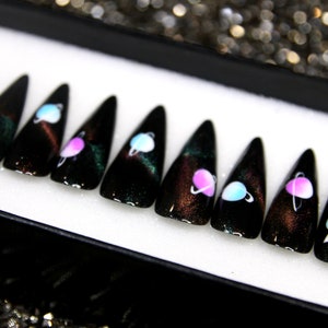 Cat Eyes Press On Nails | Punk Nails | Black Coffin Nails Luxury | Gel X Fake Nails | Abstract False Nails | Minimal Glue On Nails V88