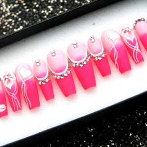 Pinky Neon Glam Press On Nails - Handmade Coffin Fake Nails V132