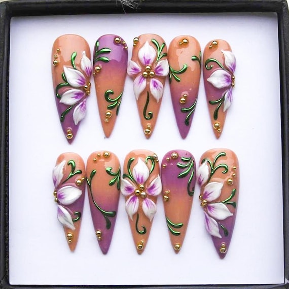 Purple Lavender Stiletto Press on Nails | 3D Ombre Floral Handmade Long False Nails V394